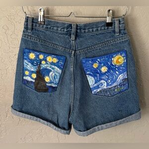 Starry Night Hand-Painted Denim Jean Shorts - Blue READ DESCRIPTION